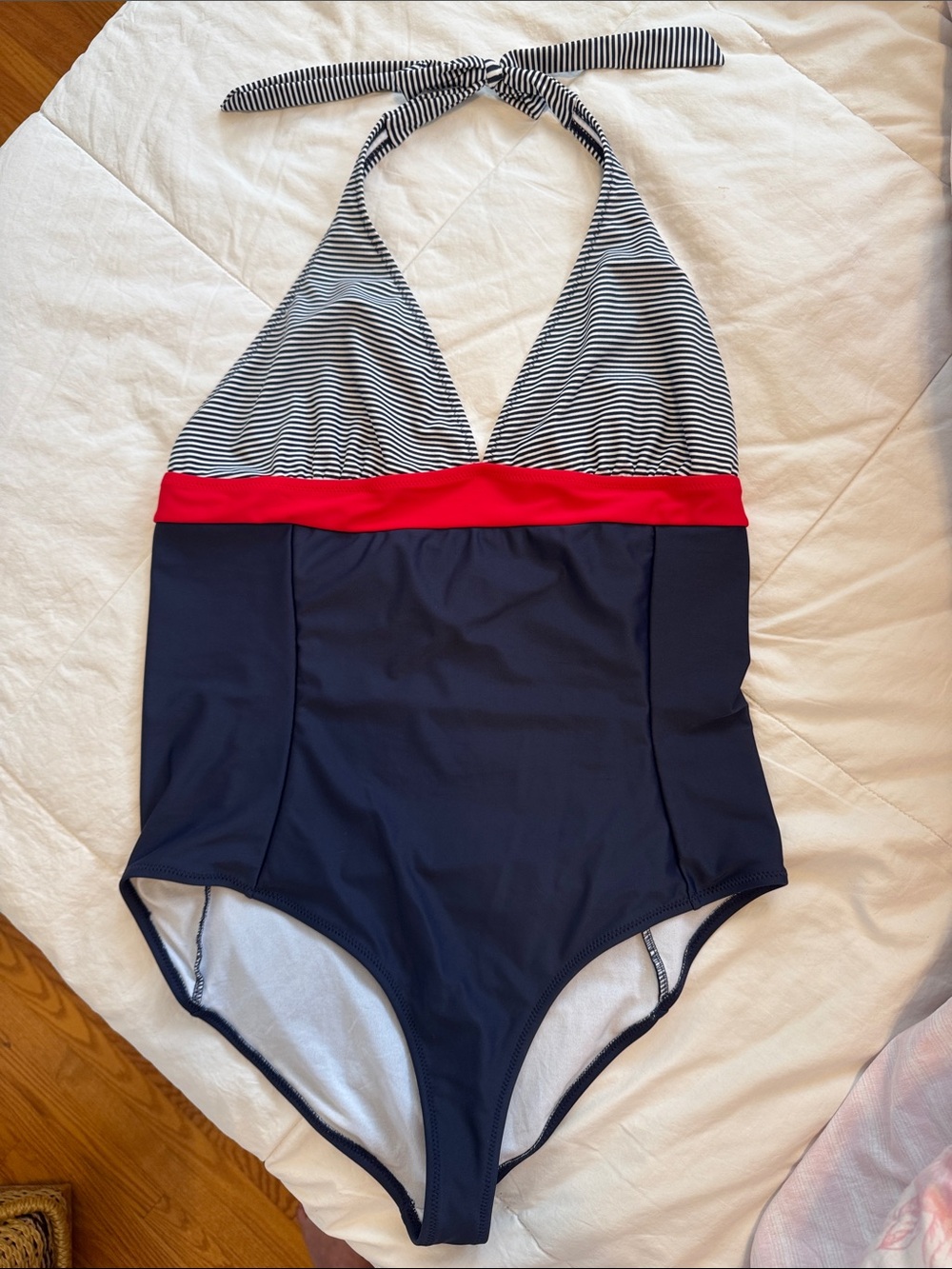 Navy Stripe Halter One-Piece Swimsuit with Red Band